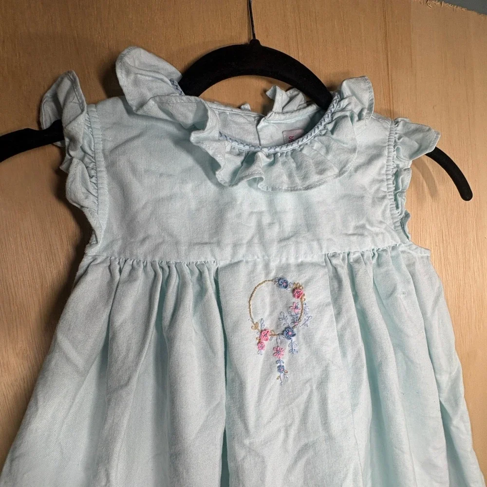 Sophie & Lucas Girls Blue Embroidered Ruffle Dress Size 6 SL3418 Sash Back